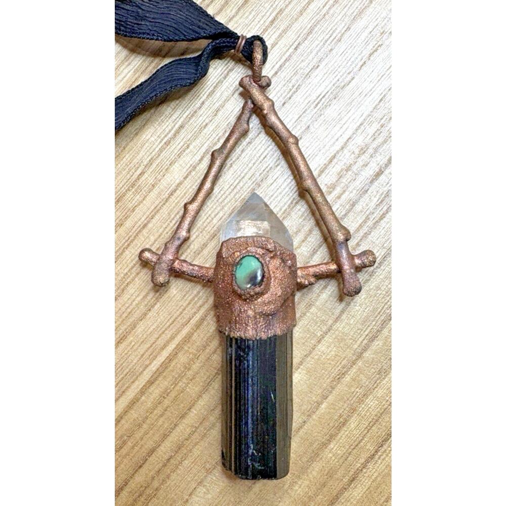 Copper rutilated quartz crystal obsidian wand witch spell natures magic Necklace